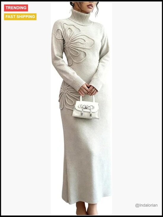 Dresses & Skirts - 3D Floral Appliques Long Sweater Dress Turtleneck Long Sleeve Knit Maxi